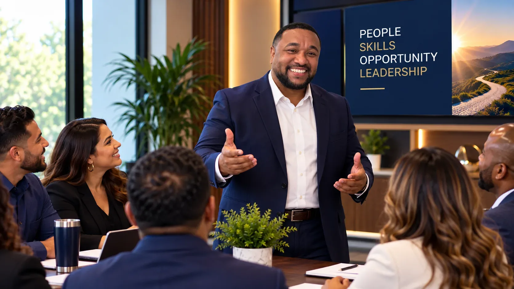 Diverse group attending a business seminar with a presenter and screen display.